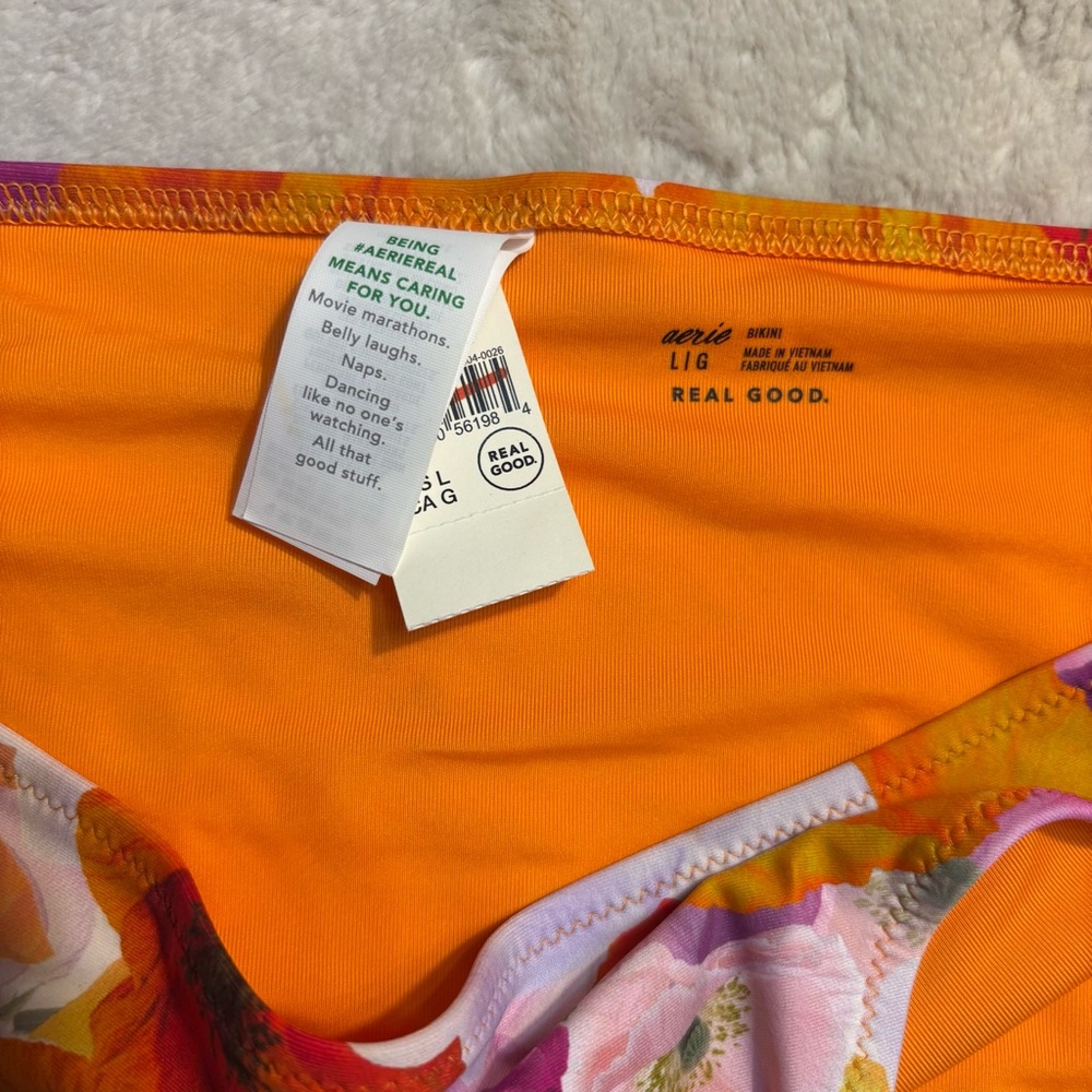 NWT Aerie Bikini Bottom Large Bright Orange Pink Floral Full Coverage Stretch - Picture 6 of 9